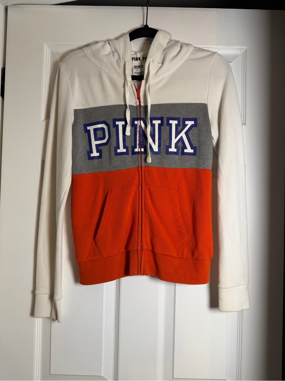 PINK Victoria's Secret White, Gray & Orange Colorblock Zip Hoodie